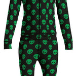 Airblaster Junior's Ninja Suit 2023 - Black onesie with green alien faces all over.