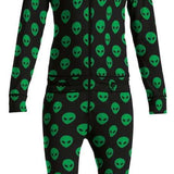 Airblaster Junior's Ninja Suit 2023 - Black onesie with green alien faces all over.