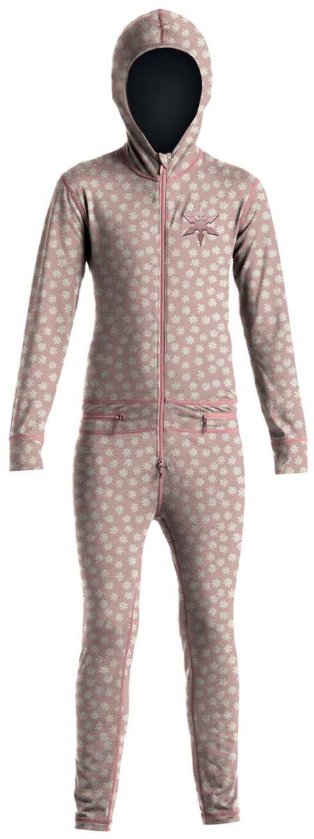 Airblaster Junior's Ninja Suit 2024 - A pink snowsuit with a repeating pattern of white flowers and green leaves, featuring a hood and zipper down the front.