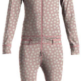 Airblaster Junior's Ninja Suit 2024 - A pink snowsuit with a repeating pattern of white flowers and green leaves, featuring a hood and zipper down the front.
