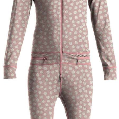 Airblaster Junior's Ninja Suit 2024 - A pink snowsuit with a repeating pattern of white flowers and green leaves, featuring a hood and zipper down the front.