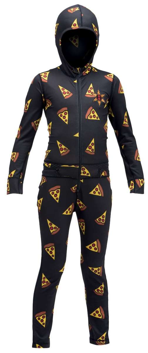 Airblaster Junior's Ninja Suit 2024 - Black suit with red and yellow ninja mask graphic on front.