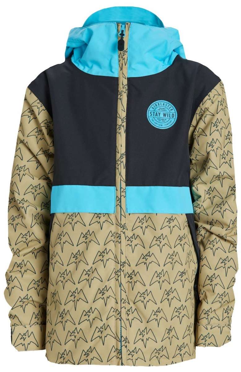 Airblaster Junior's Trencher Full Zip Insulated Jacket 2024 - A tan jacket with a black stripe across the chest and light blue accents on the hood, cuffs, and waistband.