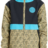 Airblaster Junior's Trencher Full Zip Insulated Jacket 2024 - A tan jacket with a black stripe across the chest and light blue accents on the hood, cuffs, and waistband.