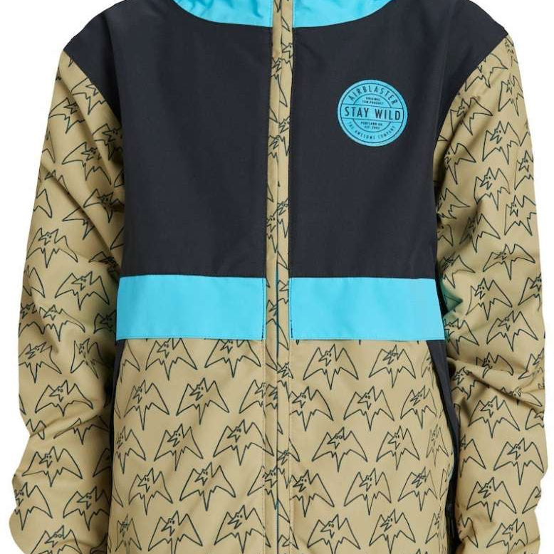 Airblaster Junior's Trencher Full Zip Insulated Jacket 2024 - A tan jacket with a black stripe across the chest and light blue accents on the hood, cuffs, and waistband.