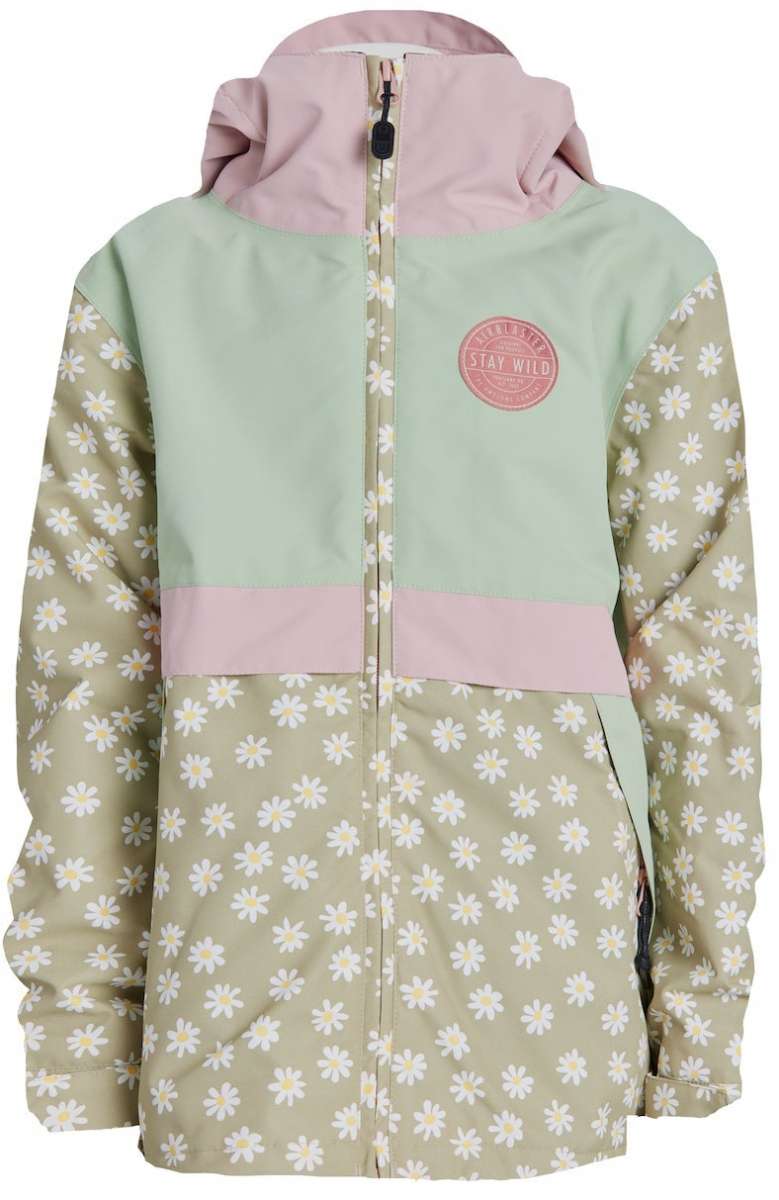 Airblaster Junior's Trencher Full Zip Insulated Jacket 2024 - A light green jacket with a white daisy pattern and pink accents on the hood, cuffs, and zipper.