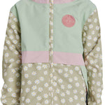 Airblaster Junior's Trencher Full Zip Insulated Jacket 2024 - A light green jacket with a white daisy pattern and pink accents on the hood, cuffs, and zipper.