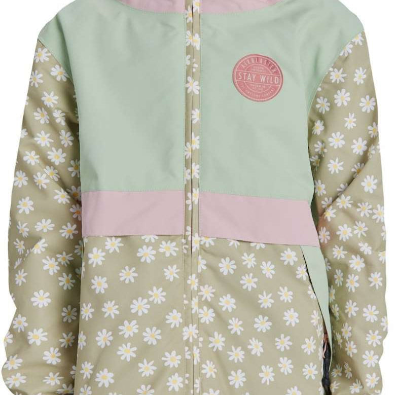 Airblaster Junior's Trencher Full Zip Insulated Jacket 2024 - A light green jacket with a white daisy pattern and pink accents on the hood, cuffs, and zipper.