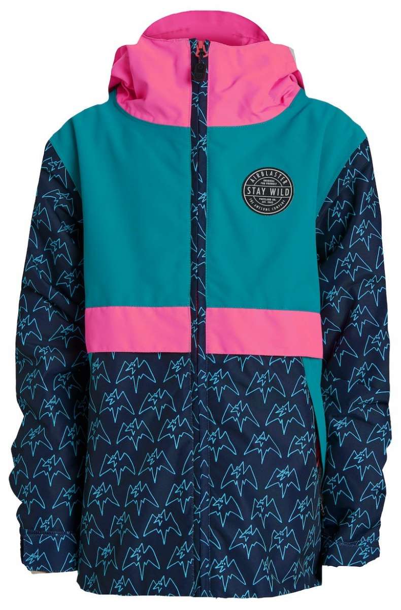 Airblaster Junior's Trencher Full Zip Insulated Jacket 2024 - A navy blue jacket with a white geometric pattern and pink accents on the hood, cuffs, and zipper.