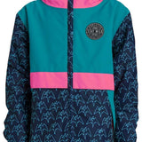 Airblaster Junior's Trencher Full Zip Insulated Jacket 2024 - A navy blue jacket with a white geometric pattern and pink accents on the hood, cuffs, and zipper.