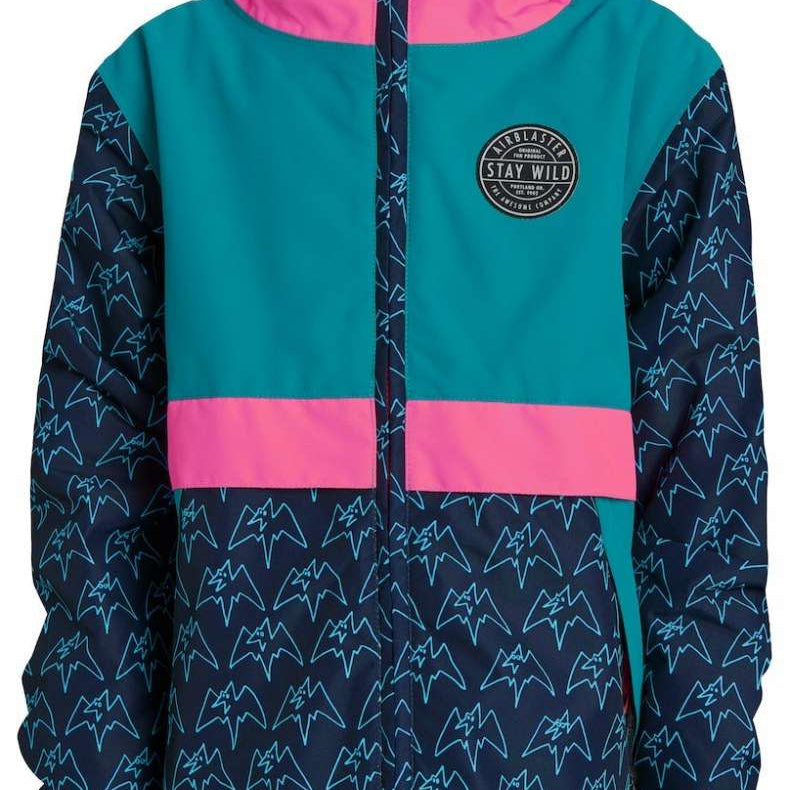 Airblaster Junior's Trencher Full Zip Insulated Jacket 2024 - A navy blue jacket with a white geometric pattern and pink accents on the hood, cuffs, and zipper.