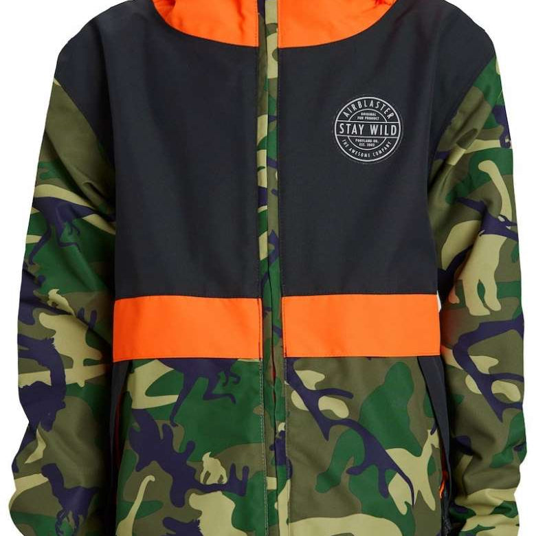 Airblaster Junior's Trencher Full Zip Insulated Jacket 2024 - A black jacket with a white logo on the chest and orange accents around the hood, cuffs, and zipper.