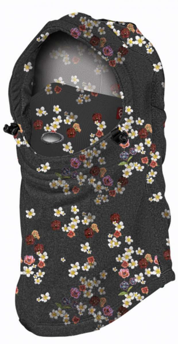 Airhole Milk Fleece Helmet Fit Airhood - A dark gray fleece balaclava with a floral pattern of small white, yellow, and red flowers.