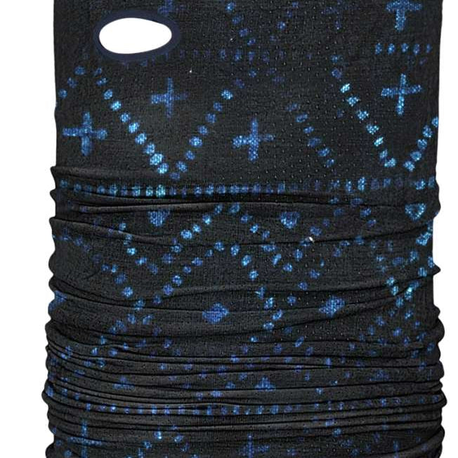 AIRTUBE DRYLITE - Black neck gaiter with blue cross pattern and small white logo in top right corner.