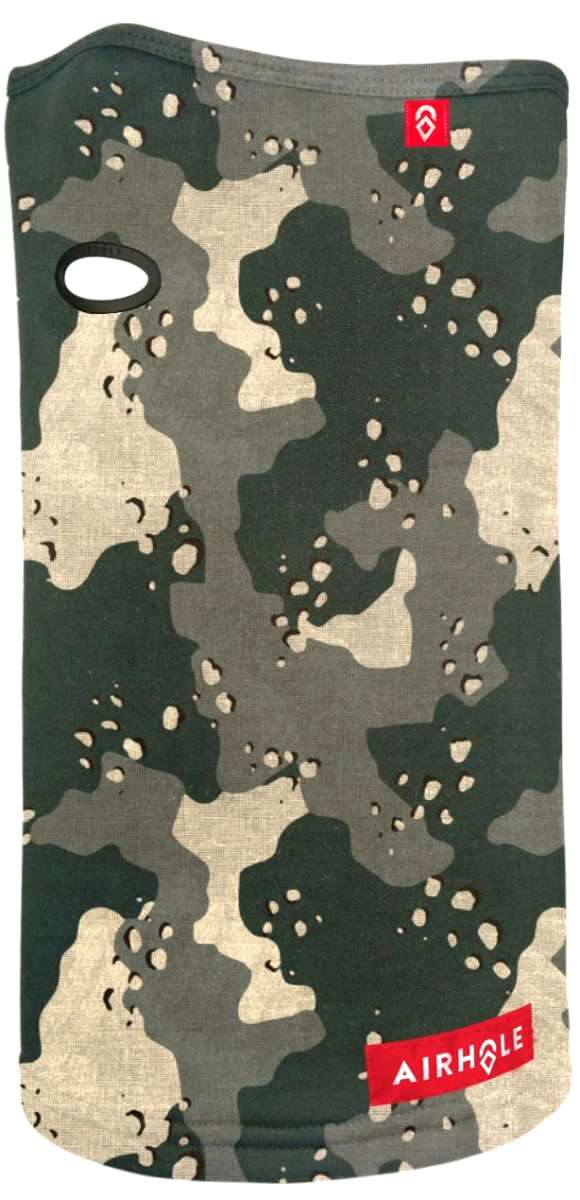 Airhole Ergo Polar Fleece Airtube - A camouflage-patterned tube with a red logo featuring a white diamond shape and the word "AIRHOLE" in white letters.