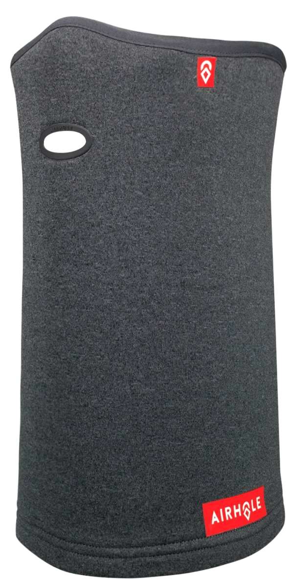 Airhole Ergo Polar Fleece Airtube - Gray fleece balaclava with a red logo on the upper left side and an oval-shaped hole for the mouth.
