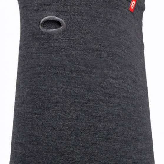 Airhole Hinge Merino Balaclava - A dark gray balaclava with a red logo on the left side, featuring an oval-shaped hole for breathing.
