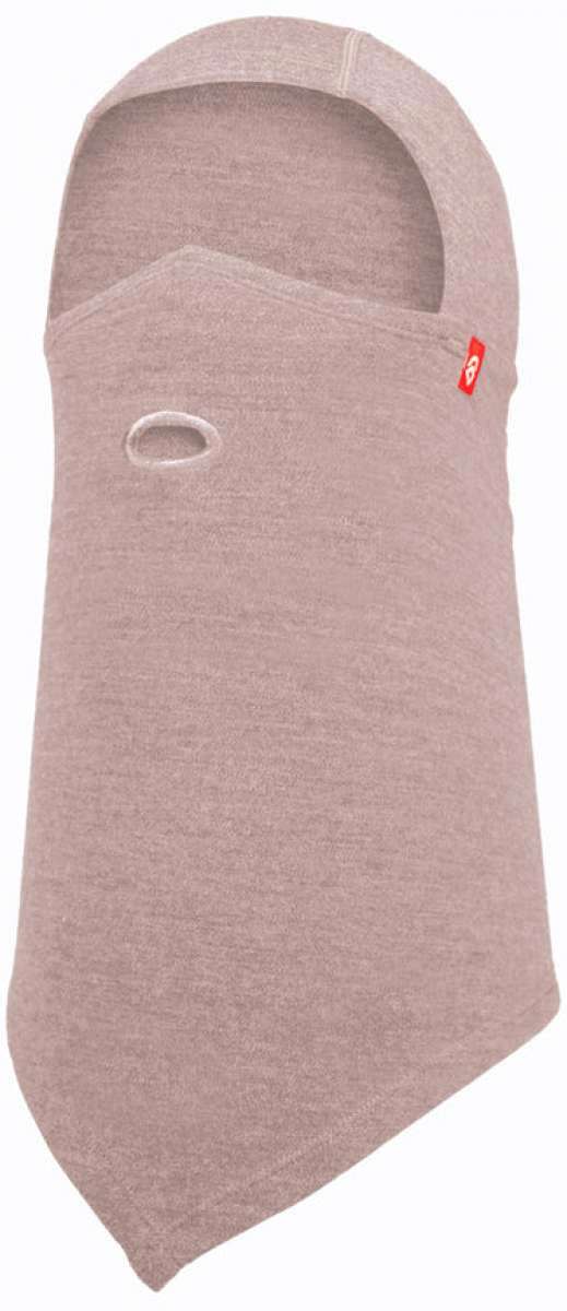 Airhole Hinge Merino Balaclava - A heathered brown balaclava with a small red logo featuring a white heart and circle on the left side.