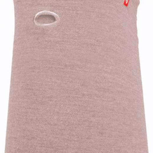 Airhole Hinge Merino Balaclava - A heathered brown balaclava with a small red logo featuring a white heart and circle on the left side.