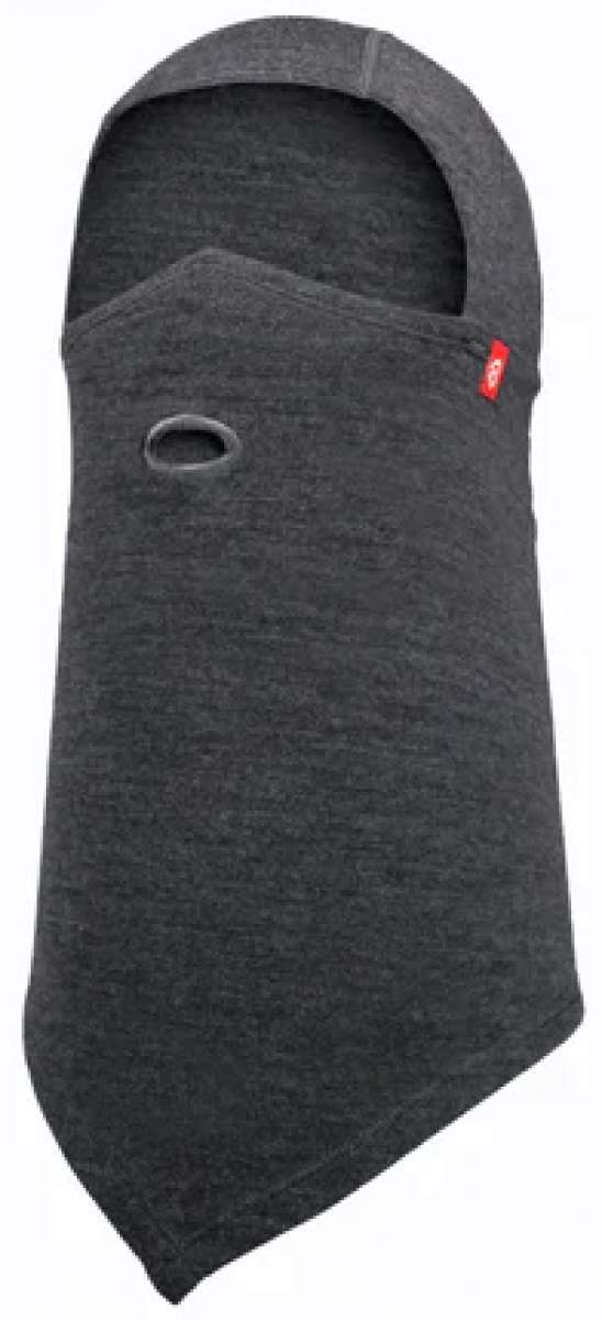 Airhole Balaclava Hinge Merino - A dark gray balaclava with a red logo on the left side, featuring an oval-shaped hole in the center of the front panel.