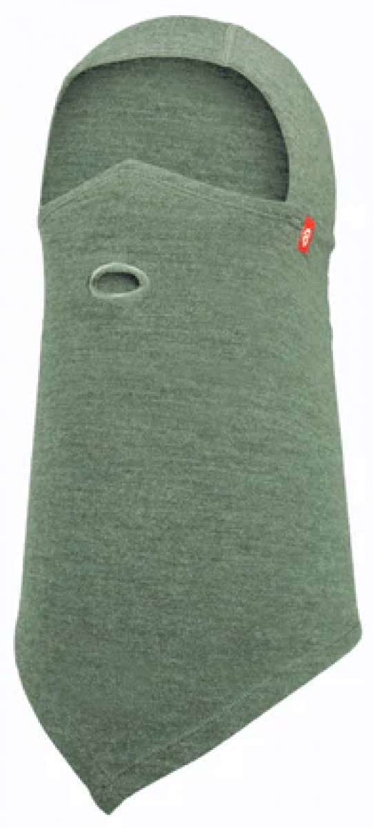 Airhole Balaclava Hinge Merino - A heathered green balaclava with a red logo on the left side of the neck area.