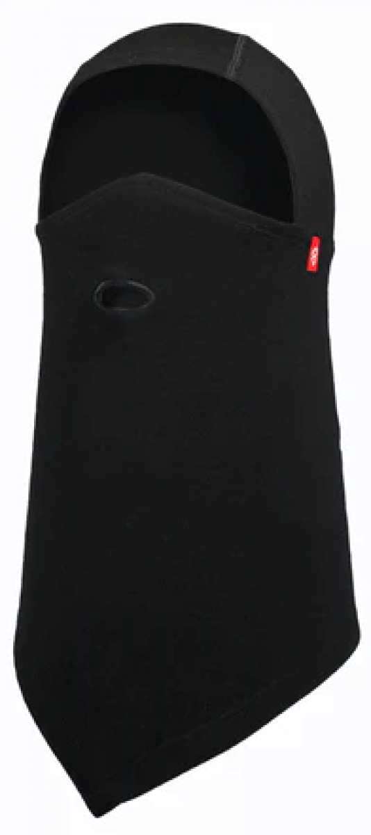 Airhole Balaclava Hinge Merino - A black balaclava with a red logo on the left side, featuring an oval-shaped hole in the center of the chin area.