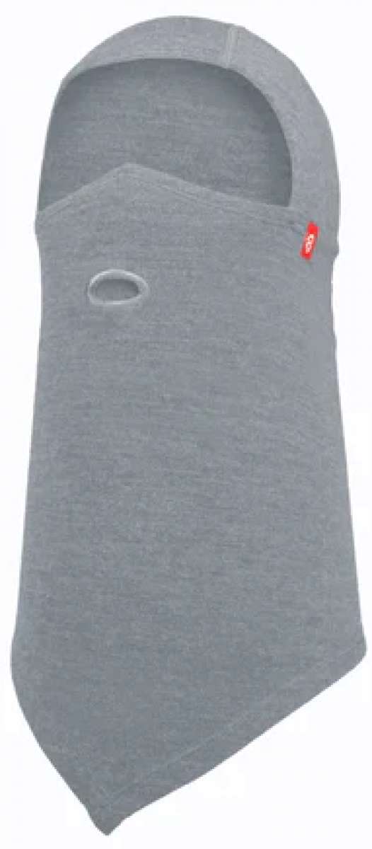 Airhole Balaclava Hinge Merino - A gray balaclava with a red logo on the left side, featuring an oval-shaped hole in the center of the front.