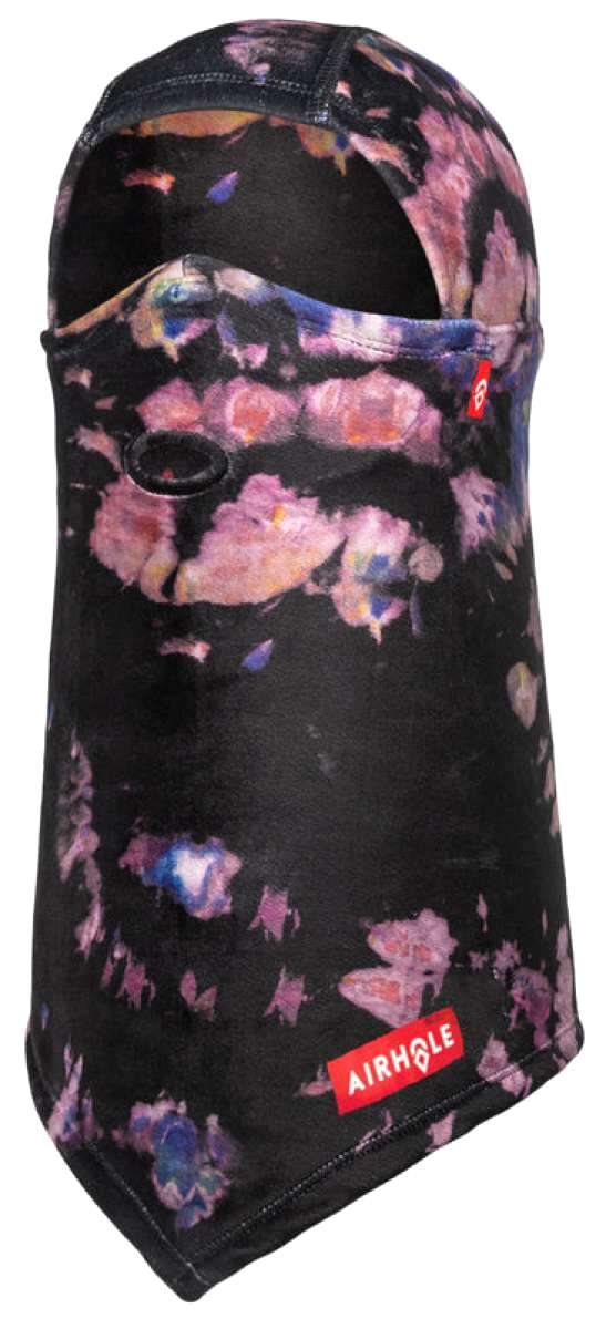 Airhole Hinge Milk Fleece Balaclava - A black balaclava with a milk-colored pattern of irregular shapes and lines, featuring a red logo on the left side.