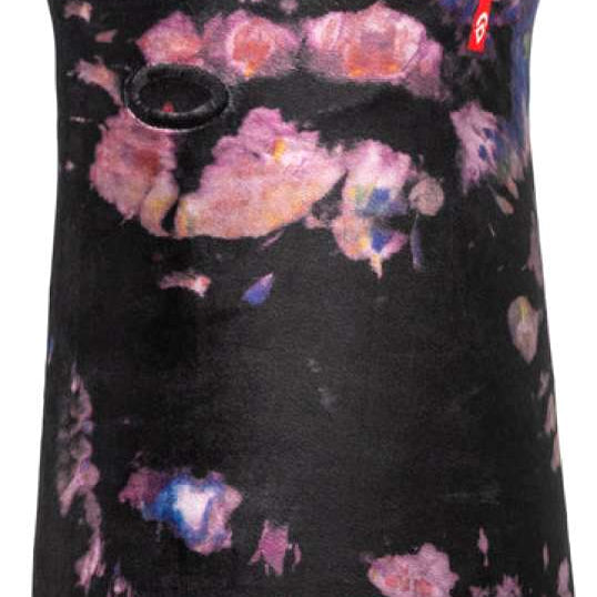 Airhole Hinge Milk Fleece Balaclava - A black balaclava with a milk-colored pattern of irregular shapes and lines, featuring a red logo on the left side.