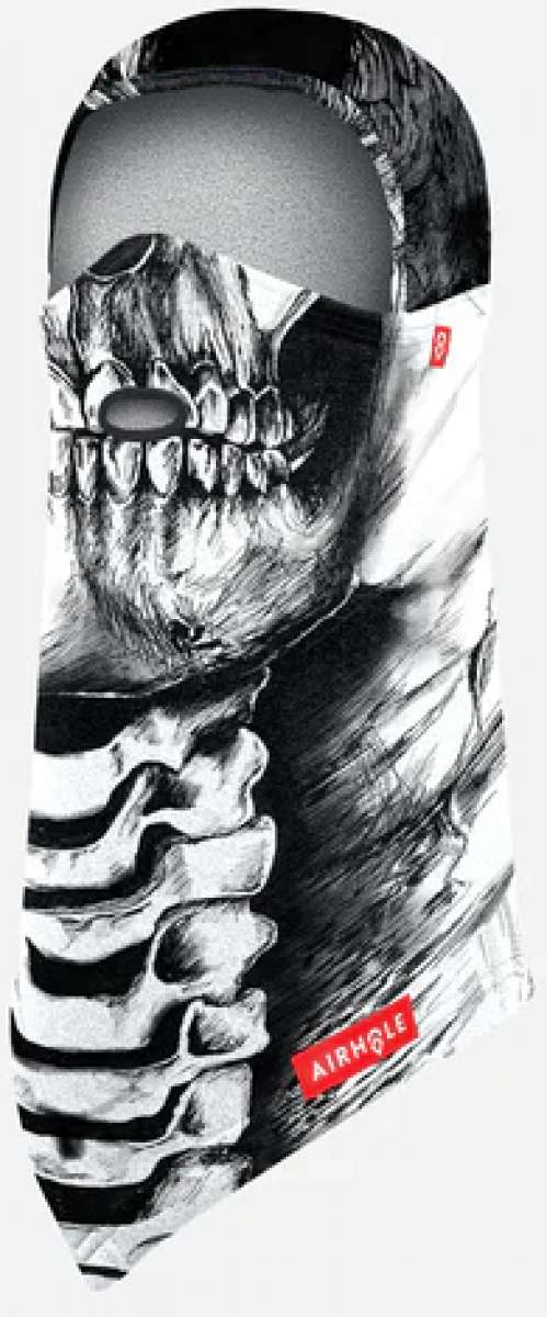 Airhole Balaclava Hinge Polar 2024 - A black and white balaclava with a hinge at the neck, featuring a graphic of a man's face wearing goggles and a beard.