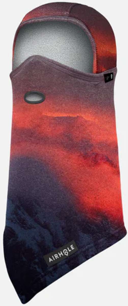 Airhole Balaclava Hinge Polar 2024 - A red and black balaclava with a hinge at the neck, featuring a gradient pattern of orange and purple hues.