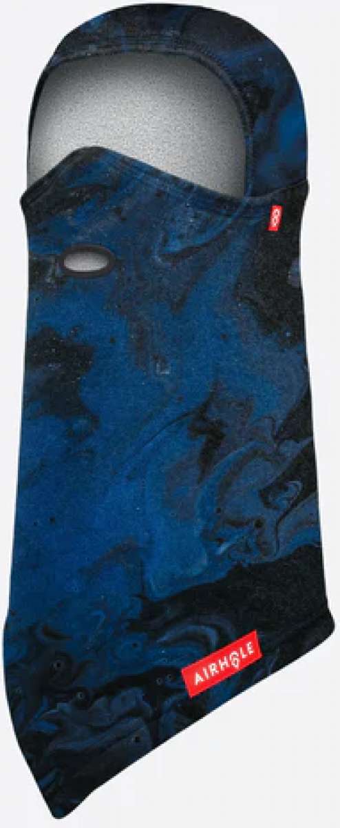 Airhole Balaclava Hinge Polar 2024 - A blue balaclava with a black marbled pattern and an oval-shaped vent on the left side of the face.