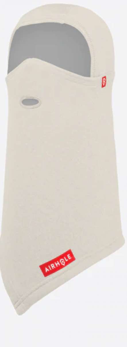 Airhole Balaclava Hinge Polar 2024 - Beige balaclava with a hinge at the neck and a small red logo on the left side.