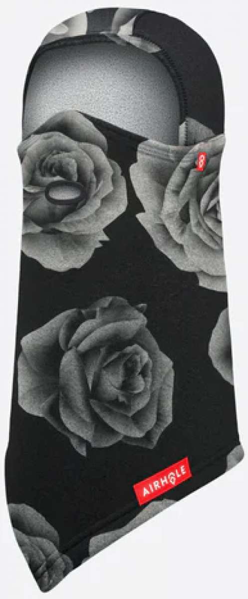 Airhole Balaclava Hinge Polar 2024 - Black balaclava with a large gray rose pattern on the front and back, featuring a red logo patch in the bottom right corner.