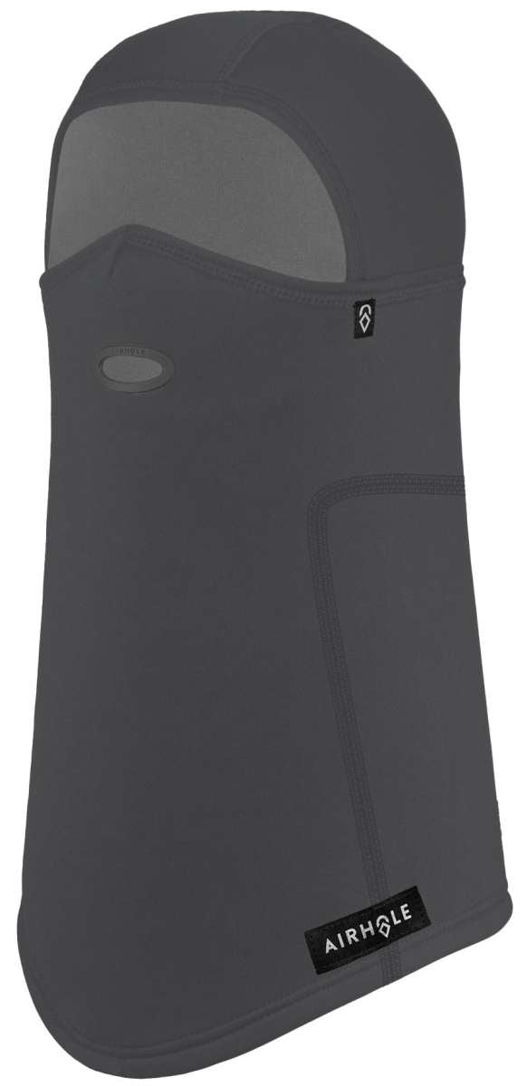 Airhole Balaclava Pro Polartech Power Dry Stretch 2024 - A dark gray balaclava with a mesh panel on top of the face and an oval logo patch near the chin.