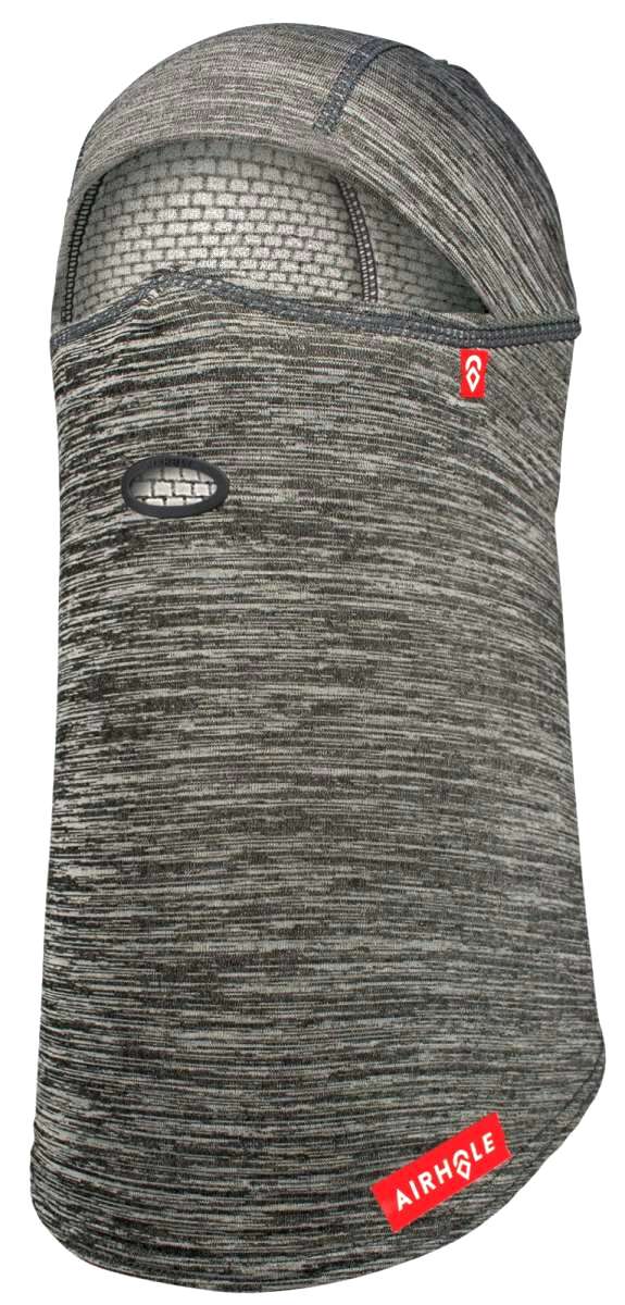 Airhole Full Hinge Waffle Knit Balaclava - A gray balaclava with a waffle knit pattern and black trim, featuring an oval-shaped hole on the left side of the face.