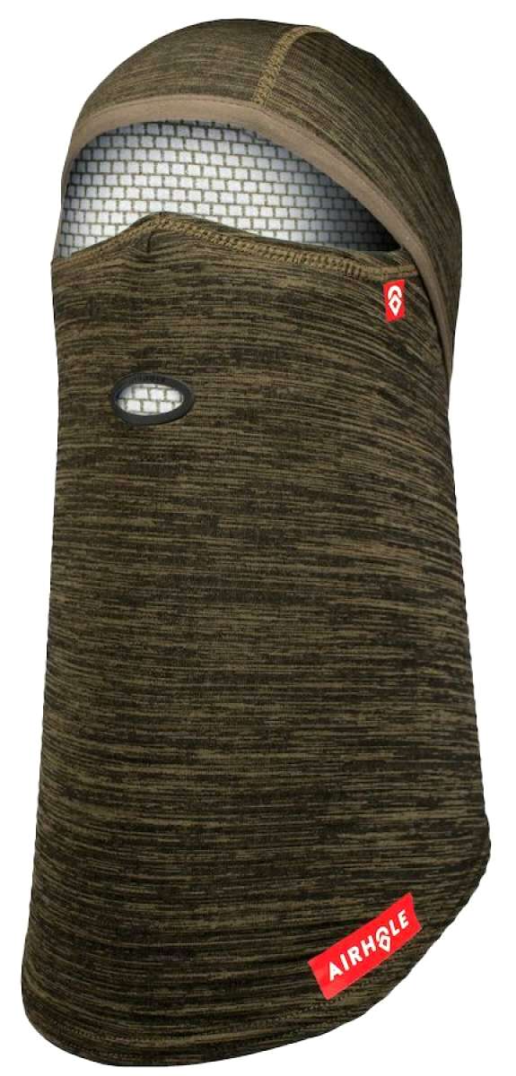 Airhole Full Hinge Waffle Knit Balaclava - A dark green balaclava with a waffle knit pattern and an oval-shaped air vent on the left side.