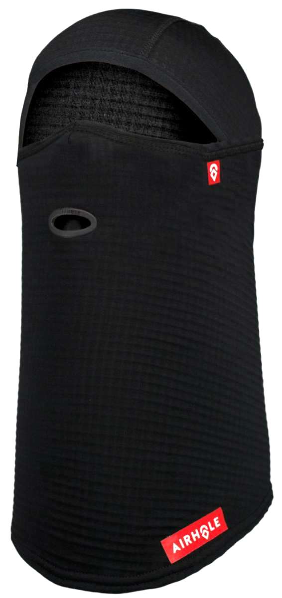 Airhole Full Hinge Waffle Knit Balaclava - A black balaclava with a waffle knit pattern and red logo on the left side.