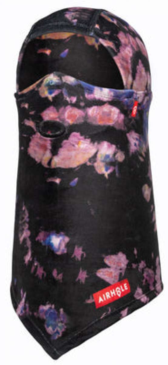 Airhole Hinge Milk Fleece Balaclava - A black balaclava with a pink and blue tie-dye pattern.