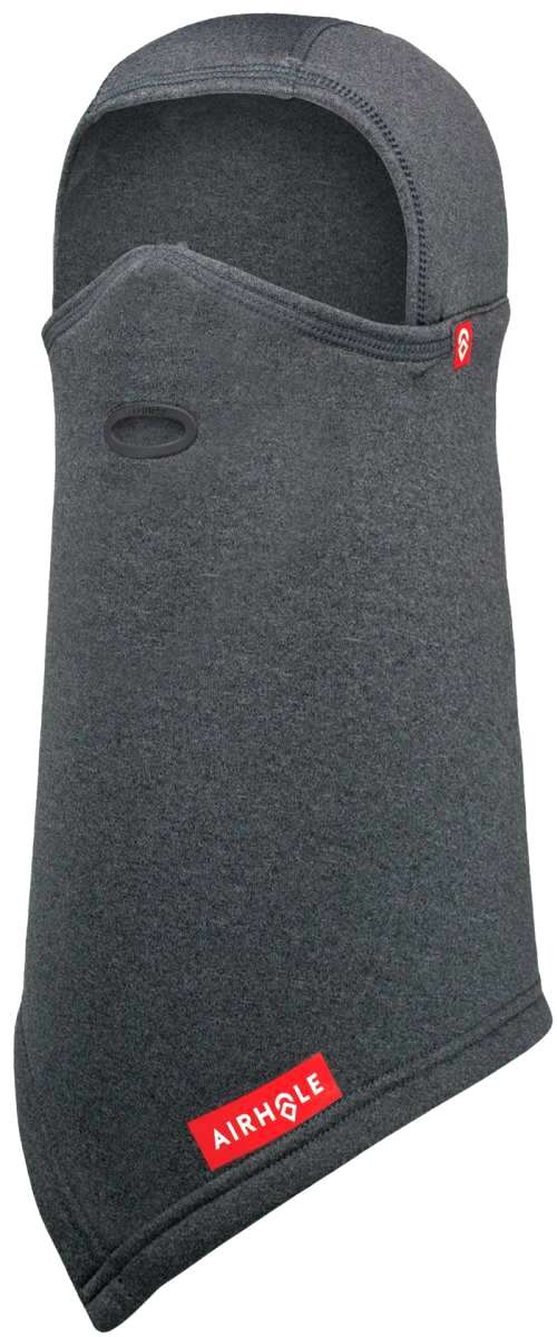 Airhole Hinge Polar Fleece Balaclava - A dark gray fleece balaclava with a red logo on the left side of the neck area.