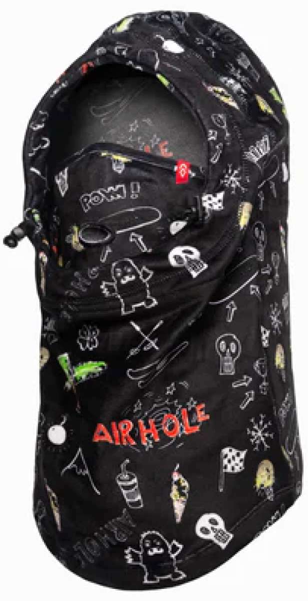 Airhole Junior Airhood Milk Fleece 2024 - A black balaclava with a white milk carton and straw pattern, featuring a fleece material.