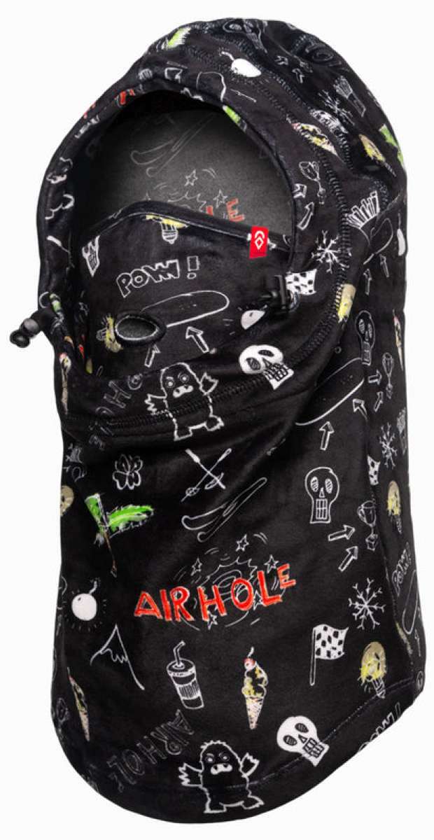 Airhole Juniors Milk Fleece Airhood - A black balaclava with a white milk carton and cow pattern, featuring a zipper on the side.