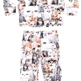Airhole Milk Fleece Thermal Set 2023 - A white fleece set with a repeating pattern of cats' faces in various colors and expressions.
