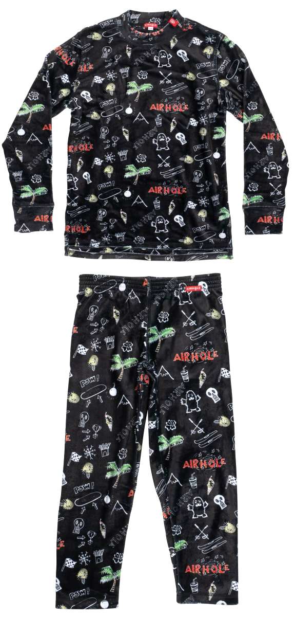 Airhole Milk Fleece Thermal Set 2023 - Black fleece thermal set with white and green graphics of palm trees, skulls, and other designs.