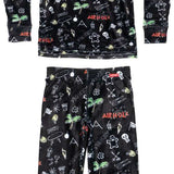 Airhole Milk Fleece Thermal Set 2023 - Black fleece thermal set with white and green graphics of palm trees, skulls, and other designs.
