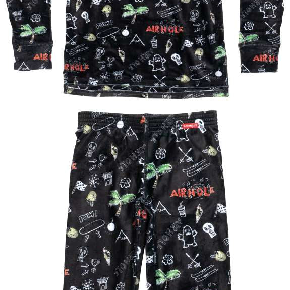 Airhole Milk Fleece Thermal Set 2023 - Black fleece thermal set with white and green graphics of palm trees, skulls, and other designs.