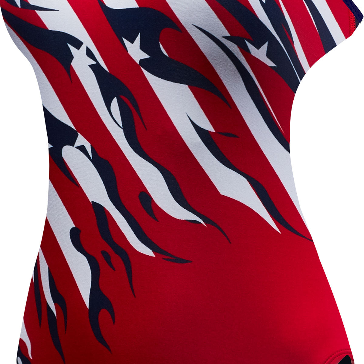 TYR Ladies' Allegiance Cutout Fit Swimsuit - A navy blue swimsuit with a red, white and blue American flag pattern on the front.