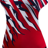 TYR Ladies' Allegiance Cutout Fit Swimsuit - A navy blue swimsuit with a red, white and blue American flag pattern on the front.