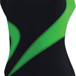 TYR Ladies' Alliance T-Splice Maxback Swimsuit - A black swimsuit with a green trim and white logo on the upper left side.