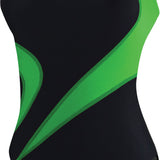 TYR Ladies' Alliance T-Splice Maxback Swimsuit - A black swimsuit with a green trim and white logo on the upper left side.